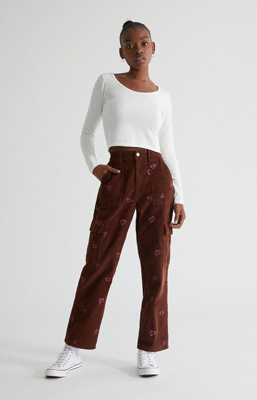 PacSun Womens Heartbreaker Brown Corduroy Cargo Elastic Waist Pants Size Medium